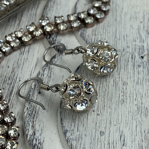 Vintage 90s Rhinestone Disco Ball Earrings Hair Barrette Clip Bracelet Party Set - Picture 3 of 5